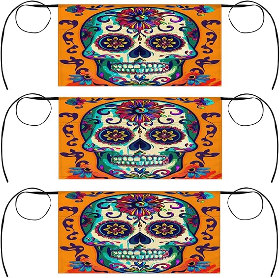 3 Pack Server Apron Mexican Sugar Skull Floral Waitress Aprons with 3 Pockets Oil Stain Resistant Short Waiter Waist Aprons for Women Men Restaurant Cafes Bars Home - sugar skull apron for women