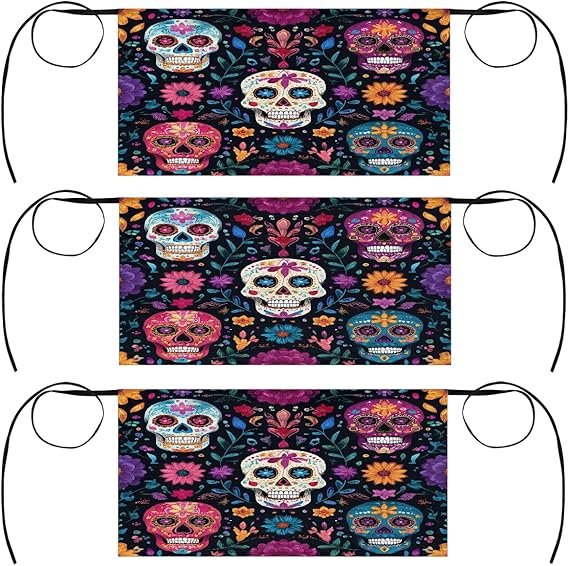3 Pack Server Apron Sugar Skulls Mexican Flowers Waitress Aprons with 3 Pockets Oil Stain Resistant Short Waiter Waist Aprons for Women Men Restaurant Cafes Bars Home - sugar skull apron for women