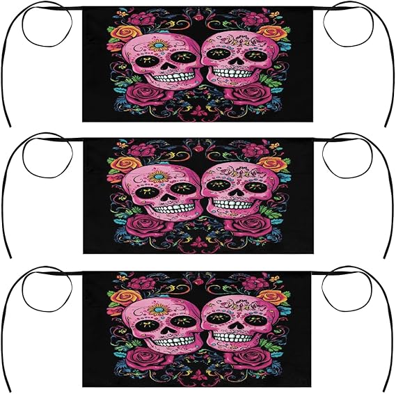 3 Pack Server Apron Mexican Floral Sugar Skull Waitress Aprons with 3 Pockets Oil Stain Resistant Short Waiter Waist Aprons for Women Men Restaurant Cafes Bars Home - sugar skull apron for women