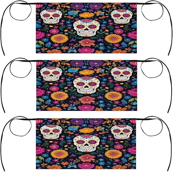 3 Pack Server Apron Halloween Mexican Flowers Sugar Skull Waitress Aprons with 3 Pockets Oil Stain Resistant Short Waiter Waist Aprons for Women Men Restaurant Cafes Bars Home - sugar skull apron for women