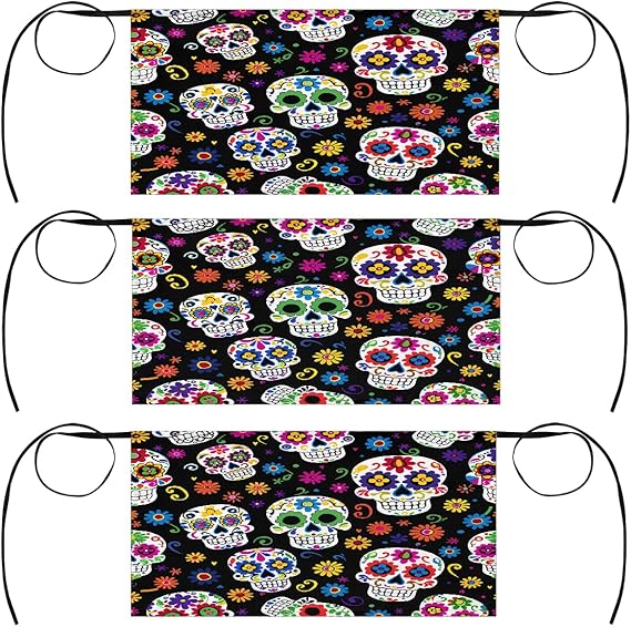 3 Pack Server Apron Day Of The Dead Floral Sugar Skull Waitress Aprons with 3 Pockets Oil Stain Resistant Short Waiter Waist Aprons for Women Men Restaurant Cafes Bars Home - sugar skull apron for women