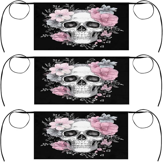 3 Pack Server Apron Gothic Flowers Sugar Skull Waitress Aprons with 3 Pockets Oil Stain Resistant Short Waiter Waist Aprons for Women Men Restaurant Cafes Bars Home - sugar skull apron for women