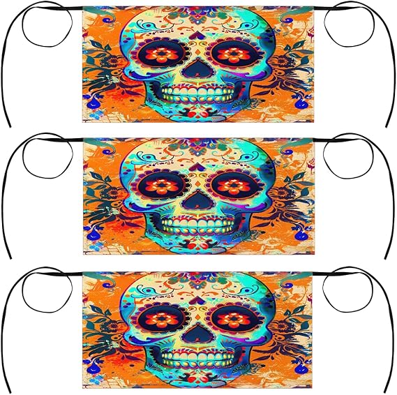 3 Pack Server Apron Day Of The Dead Sugar Skull Waitress Aprons with 3 Pockets Oil Stain Resistant Short Waiter Waist Aprons for Women Men Restaurant Cafes Bars Home - sugar skull apron for women