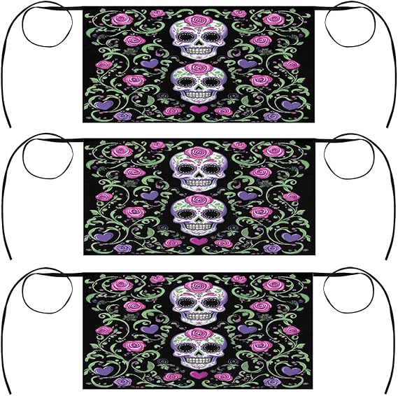 3 Pack Server Apron Sugar Skull Day Of The Dead Flowers Waitress Aprons with 3 Pockets Oil Stain Resistant Short Waiter Waist Aprons for Women Men Restaurant Cafes Bars Home - sugar skull apron for women