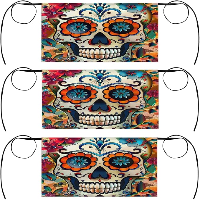 3 Pack Server Apron Day Of The Dead Sugar Skull Flowers Waitress Aprons with 3 Pockets Oil Stain Resistant Short Waiter Waist Aprons for Women Men Restaurant Cafes Bars Home - sugar skull apron for women
