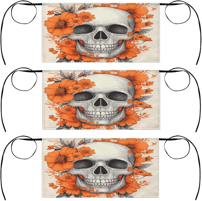 3 Pack Server Apron Sugar Skull Flowers Waitress Aprons with 3 Pockets Oil Stain Resistant Short Waiter Waist Aprons for Women Men Restaurant Cafes Bars Home - sugar skull apron for women