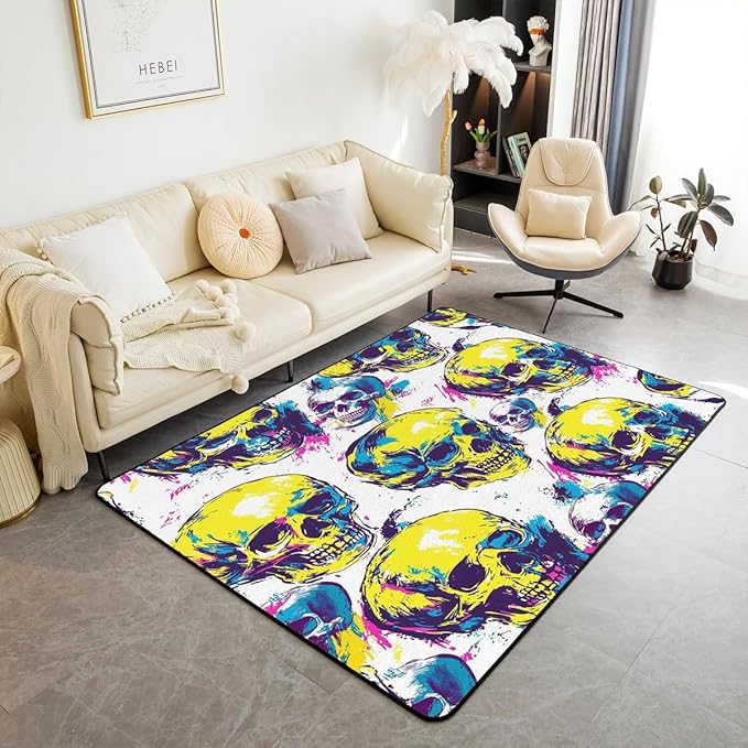 Erosebridal Sugar Skull Area Rug 4'11" x 3'3" Gothic Neon Living Room Rugs Happy Halloween Decorative Carpet Cartoon Skeleton Colorful Ombre Indoor Floor Mat - sugar skull area rug