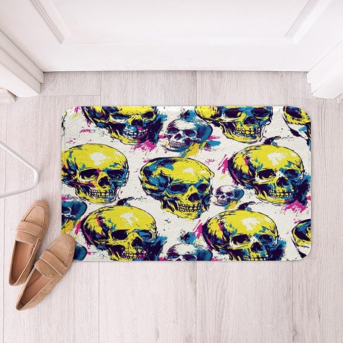 Erosebridal Sugar Skull Bathroom Rugs 20" x 32" Gothic Neon Bath Mat Happy Halloween Doormat Cartoon Skeleton Colorful Ombre - sugar skull toilet mat set