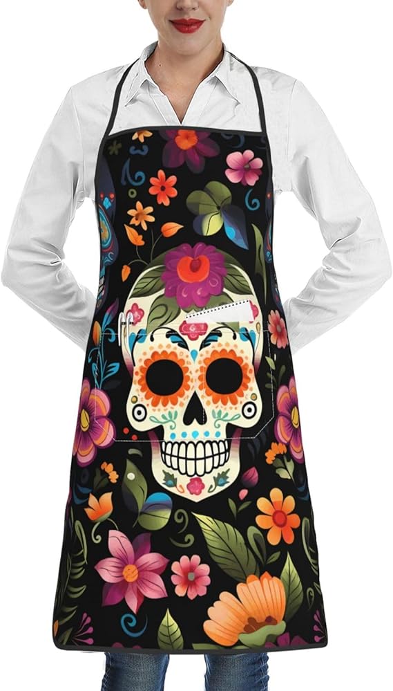 Day Of The Dead Apron with Pockets for Chef Cooking BBQ Gardening Sugar Skull Flower Bib Apron for Women Men Gifts - sugar skull apron for women