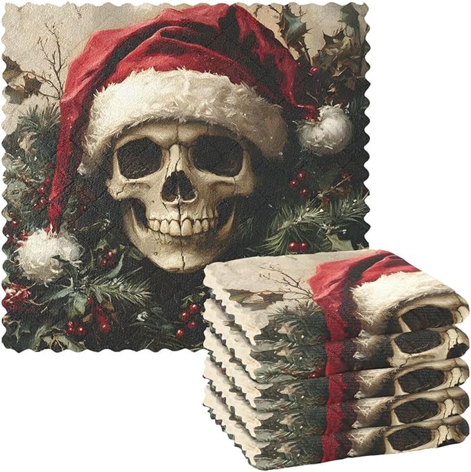 ALAZA Christmas Sugar Skull Winter Dish Cloths Kitchen Towels Dish Towels 6 Pack Absorbent for Drying Dish Cleaning Washing Soft 11x11 Inches - sugar skull beach towel