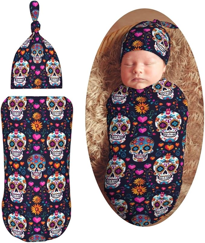 Day of The Dead Sugar Skulls Hearts Flowers Newborn Swaddle Blankets Hat Sets Soft Baby Receiving Blanket Swaddle Sack for Baby Shower Infant Boy Girl Gift - sugar skull throw blanket