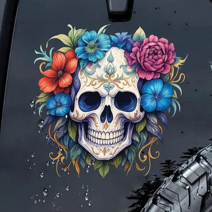 Decorative Sugar Skull Wall Decal – 9 Inch Gothic Floral Vinyl Sticker, Blue Purple Orange Day of The Dead Art for Home - sugar skull vinyl sticker
