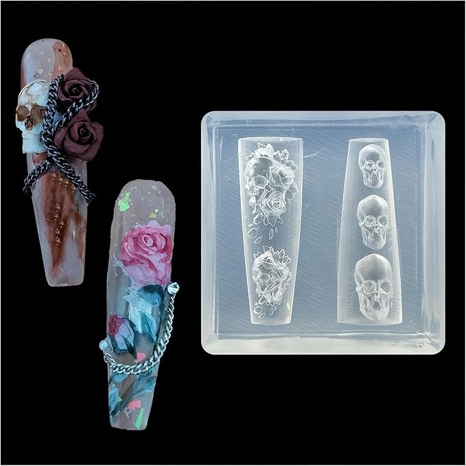 3D Skull, Roses Nail Mold Silicone Tools Nails Art Resin Molds for Accessories Supplies - sugar skull nail art