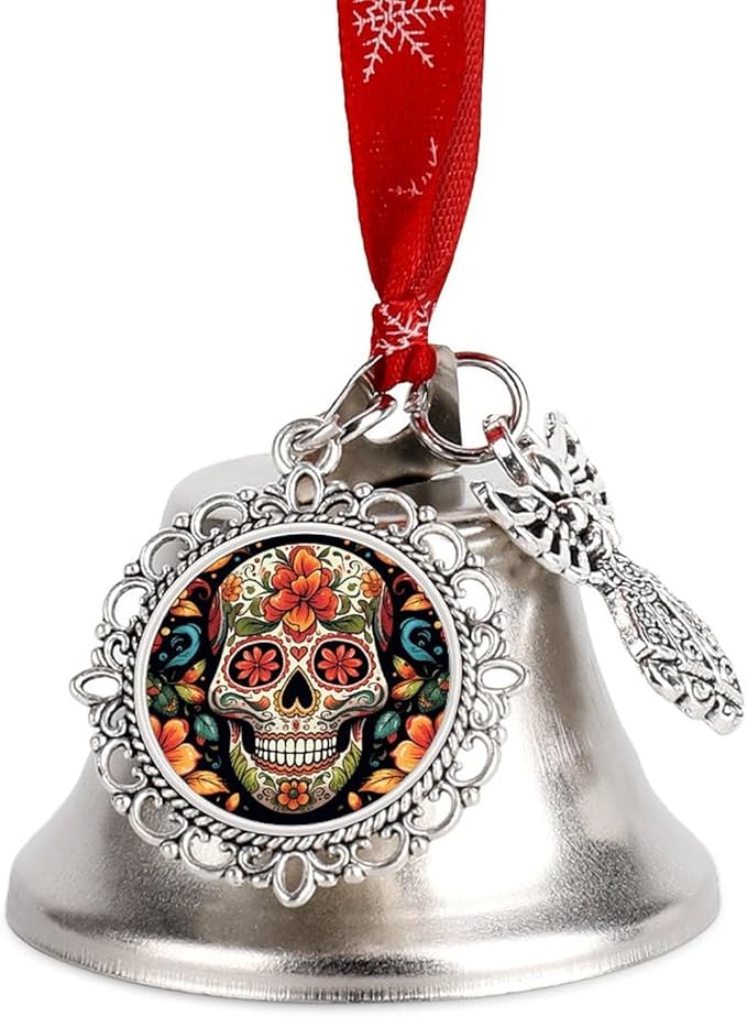 Colorful Sugar Skull Silver Bells for Christmas Decorations Hanging Ornaments Xmas Bells with Angel Wings Pendant And Red Ribbon, Small Jingle Bells for Christmas Tree Wreath Craft Holiday Party Favor - sugar skull christmas ornament