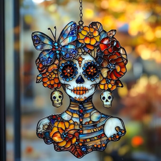 Floral Skeleton Acrylic Suncatcher Stained Glass Effect Window Car Hanging Christmas Ornament Indoor Outdoor Decor Garden Sun Catcher Panel for Sugar Skull Lover for Women Mom Grandma - sugar skull christmas ornament