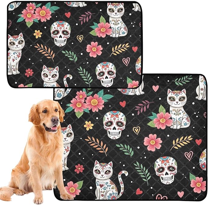 Pee Pads Washable Non Slip Waterproof Floor Mat Colorful Sugar Skull Cats Wee Wee Pad for Pet Cat Puppy Whelping Mats for Dogs, Small x 3 Pack - sugar skull floor mat