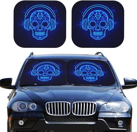 Delerain Neon Sugar Skull Car Windshield Sun Shade, Auto Foldable 2-Piece Sunshade for Most Car SUV Truck - Sun Visor Protector Blocks UV Rays Keeps Your Vehicle Cool, Large - sugar skull car sunshade for windshield