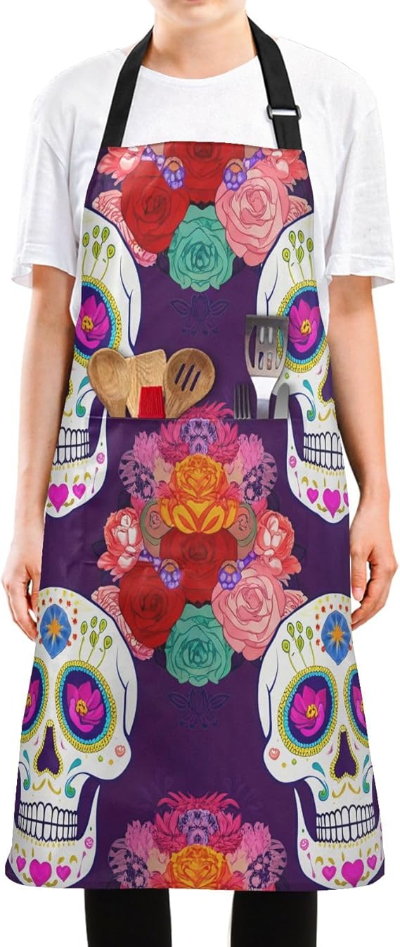 Vibrant Sugar Skulls Apron, Aprons for Women with Pockets - Adjustable Apron for Men Cooking Gardening Baking - sugar skull apron for women