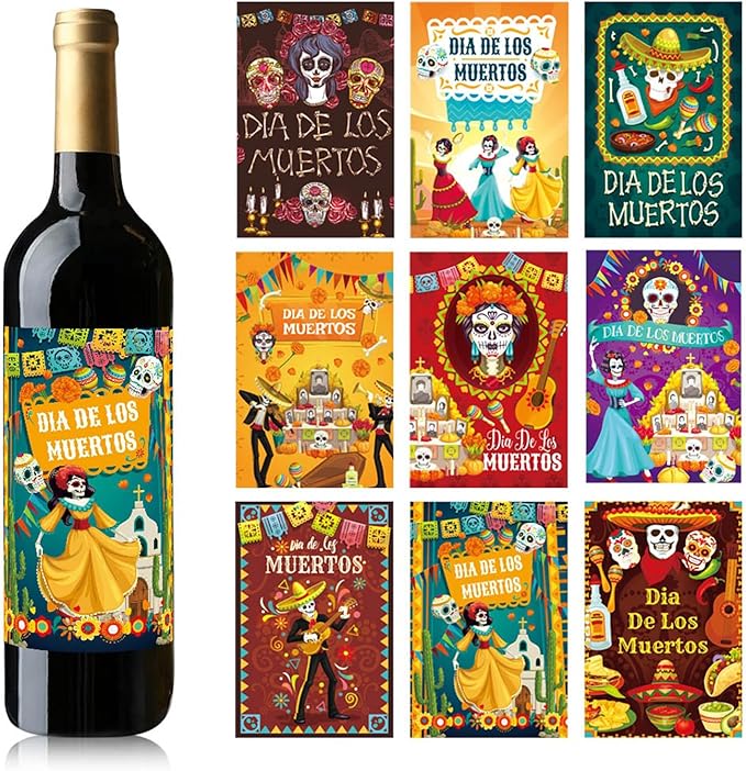 Dia de los Muertos Wine Bottle Labels 9 Pcs, Self Adhesive Waterproof Mexican Festival Stickers with Sugar Skull & Marigold Designs for Day of The Dead Party Decorations - sugar skull vinyl sticker