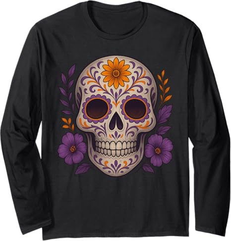 Funny Day Of The Dead Skull Mexico costume tee - sugar skull long sleeve shirt mens