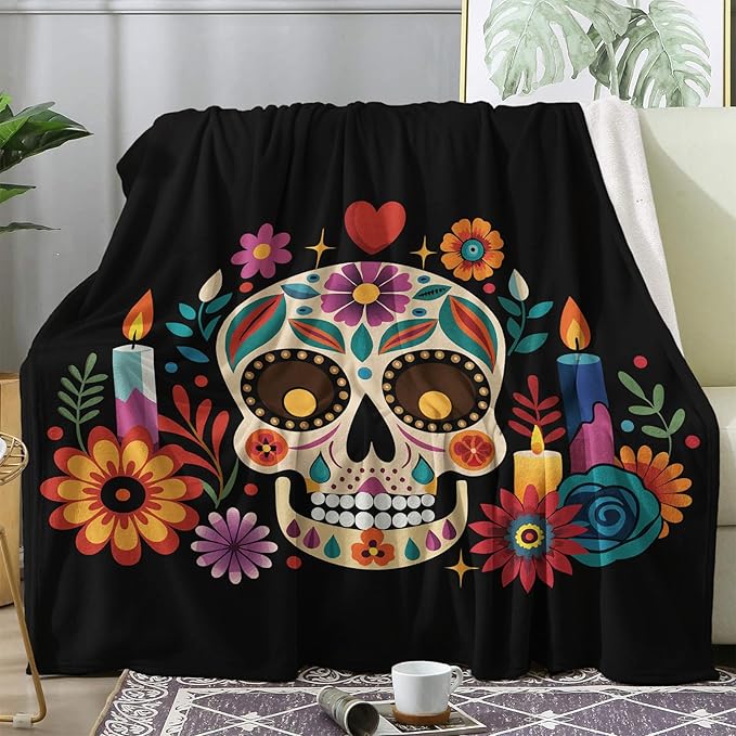 Sugar Skull Throw Blanket, Day of The Dead Fleece Blanket for Couch Bed Sofa, Mexican Floral Blankets and Throws, Decor & Gifts, Super Soft Plush Flannel Blanket, 50x70 - sugar skull throw blanket