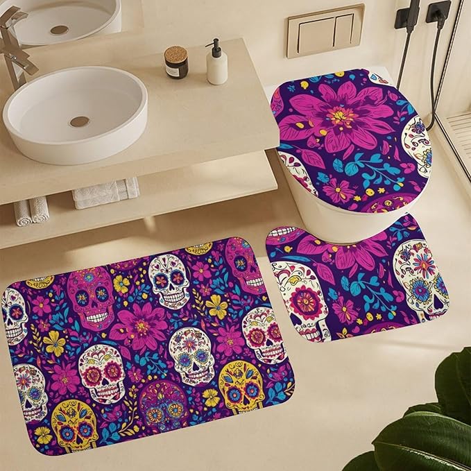Sugar Skull Day of The Dead Flowers Bath Rug Set 3 Piece Coral Velvet Floor Mat Non-Slip Mat U-Shaped Rug O-Shaped Toilet Lid Water Absorbent Cover 19.7"x31.5" - sugar skull floor mat