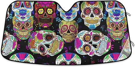 Car Sunshades for Windshield Colorful Sugar Skulls Black, Foldable UV Sunshade for Car, Front Window Cover - 57×31.5 Inches - sugar skull car sunshade for windshield
