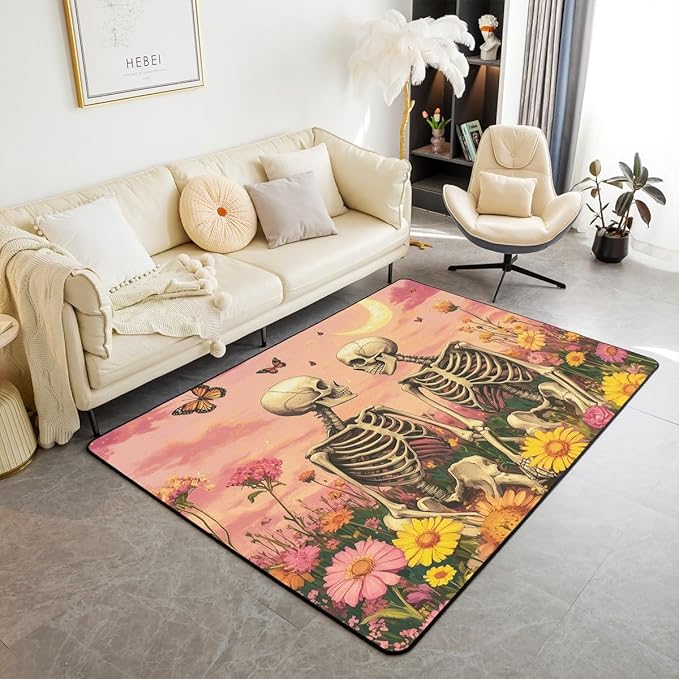 Erosebridal Skeleton Area Rug 6'6" x 4'11" Floral Living Room Rugs for Sunflowers Moon Butterfly Sugar Skull Pink Romantic Decorative Carpet Adults Yellow Women Non Slip Indoor Floor Mat - sugar skull area rug