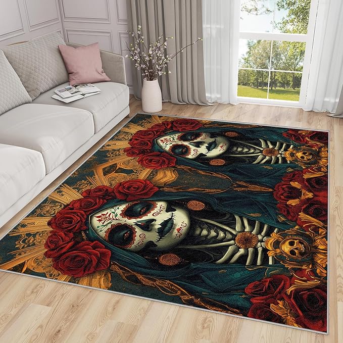 Sugar Skull Rugs for Living Room - 5x6ft - Skeleton Day of The Dead Día De Los Muertos Rug for Bedroom Non Slip Low Pile Machine Washable Area Rugs, Sugar Skull Carpets House Decor & Gifts - sugar skull area rug