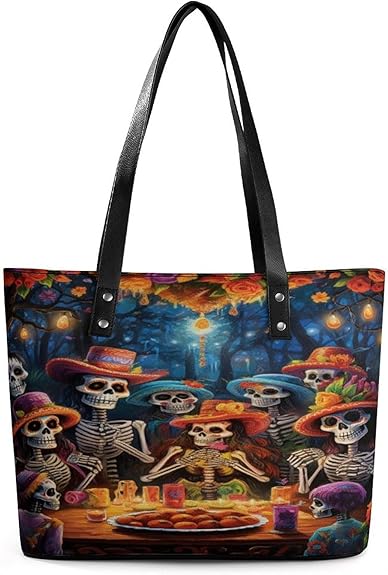 Bats Purple Neon Leopard Women Leather Handbags with Zipper Large Capacity Satchel Tote Bag Shoulder Bag 13.4 Inch - sugar skull handbags for sale