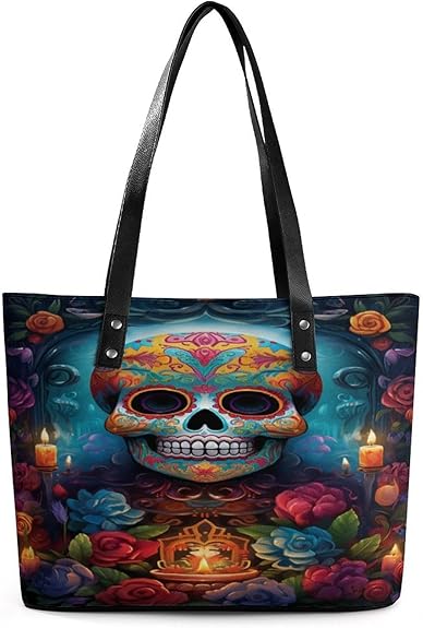 Sugar Skull Day of The Dead Flowers Women Leather Handbags with Zipper Large Capacity Satchel Shoulder Bag 13.4 Inch - sugar skull handbags for sale