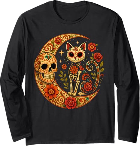 Funny Day Of The Dead Skull Mexico costume tee - sugar skull long sleeve shirt mens
