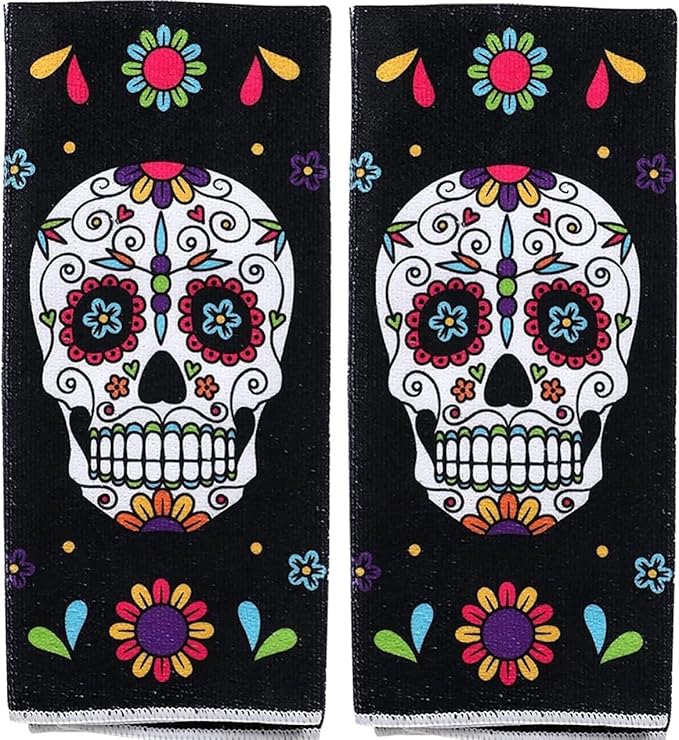 Day of Dead Kitchen Towels, Black with Sugar Skull Design, Decorative Floral Print, Folk Art Style, 2 Piece Set - sugar skull beach towel