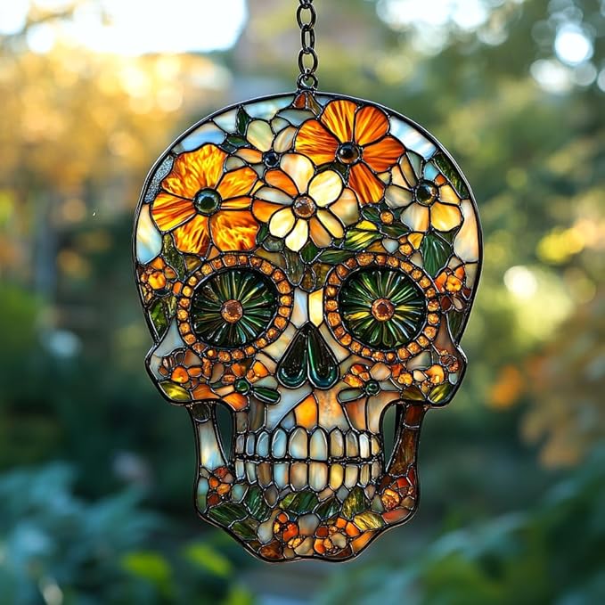 Sugar Skull Acrylic Suncatcher Stained Glass Effect Window Car Hanging Christmas Ornament Indoor Outdoor Decor Garden Sun Catcher Panel for Sugar Skull Lover for Women Mom Grandma - sugar skull wine glass
