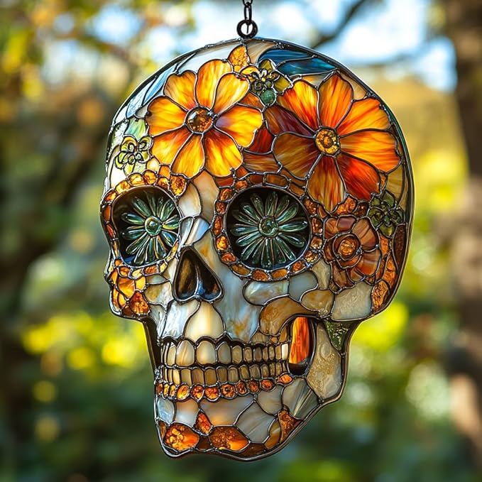 Floral Sugar Skull Acrylic Suncatcher Stained Glass Effect Window Car Hanging Christmas Ornament Indoor Outdoor Decor Garden Sun Catcher Panel for Sugar Skull Lover for Women Mom Grandma - sugar skull christmas ornament