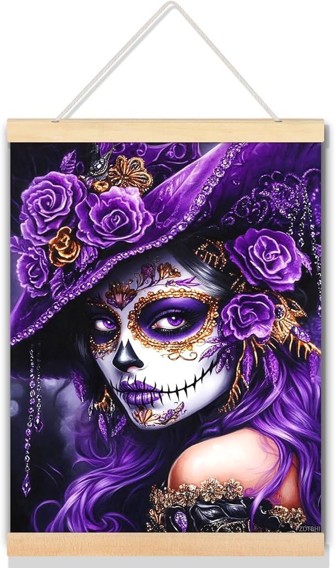 Black and Purple Sugar Skull Wall Art Canvas Print Decor for Bedroom Office Bathroom Living Room Framed 12x16inch - sugar skull makeup kit