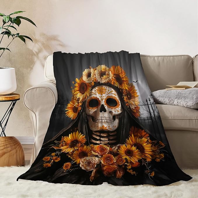 YeeJu Halloween Throw Blanket Vintage Sugar Skull Blanket for Couch Sofa Bed Living Room Halloween Cozy Soft Lightweight Fuzzy Plush Fleece Blankets and Throws 50x60 - sugar skull throw blanket