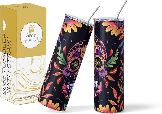 20oz Stainless Steel Halloween Tumblers and Water Bottles – Spooky & Cute Designs – Double Wall Insulated Skinny Cups for Hot & Cold Drinks (Sugar Skull Glow) - sugar skull tumbler with straw