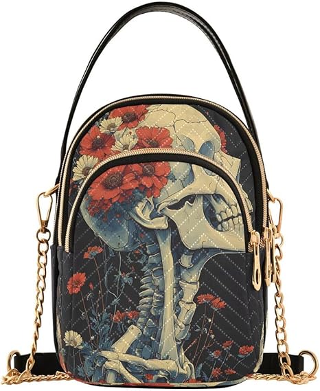 Skeleton Sugar Skull Head Red Blossom Flower Crossbody Bag Small Shoulder Handbags Leather Purse for Women - sugar skull handbags for sale