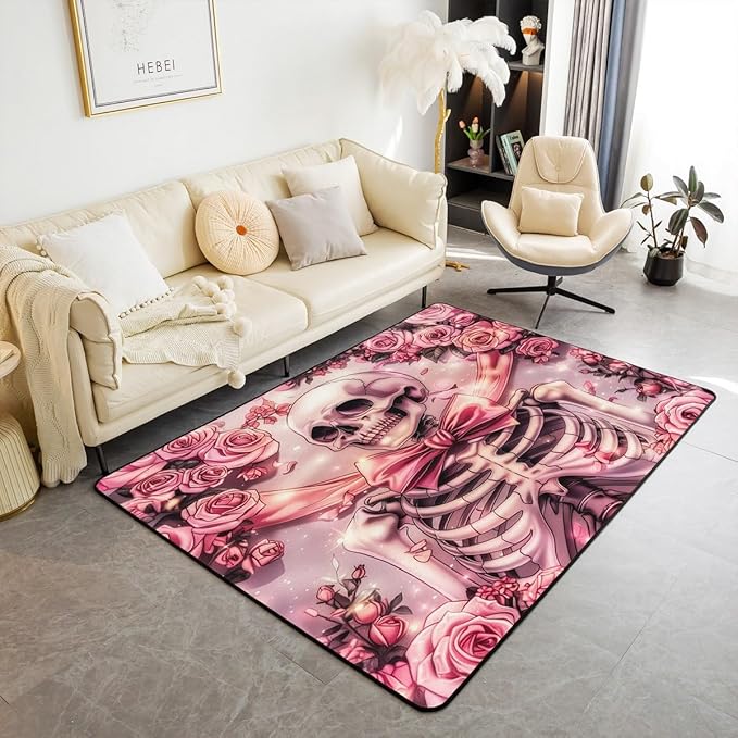 Erosebridal Pink Sugar Skull 3 x 5 Area Rug Gothic Skeleton Living Room Rugs,Romantic Rose Flowers Decorative Carpet Boho Horror Themed Indoor Floor Mat - sugar skull area rug