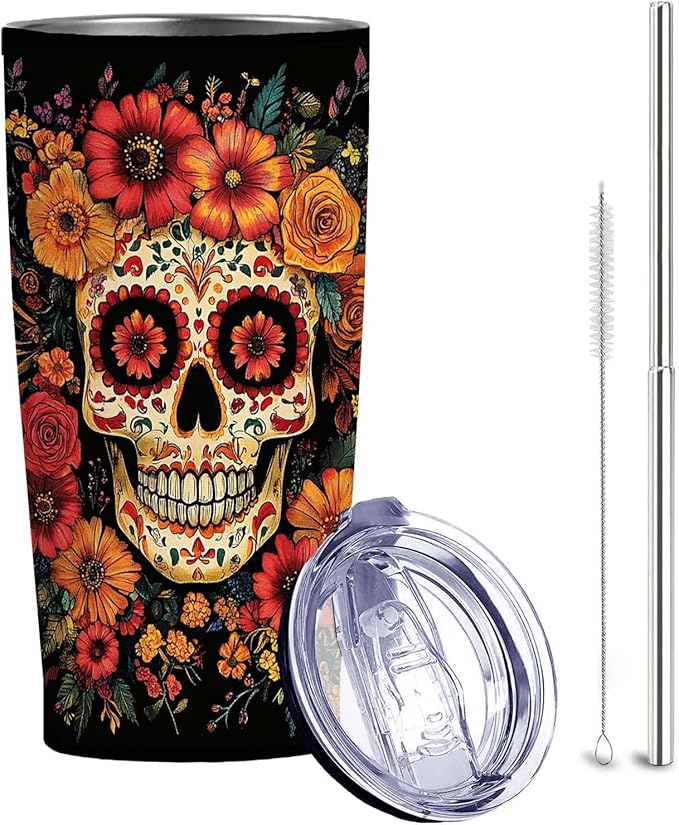 Sugar Skull 20 oz Insulated Tumbler | Stainless Steel Travel Mug with Leak Proof Lid and Telescope Straw | Spooky Hot & Cold Coffee Cup | Day of the Dead & Halloween Gifts for Women and Men - sugar skull tumbler with straw