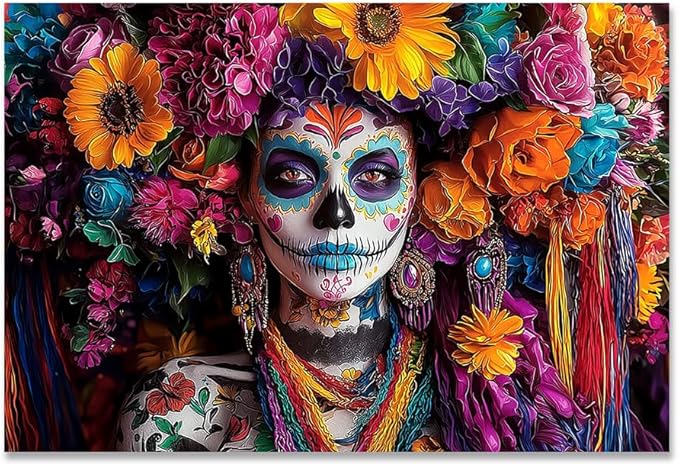 Day of the Dead Sugar Skull Canvas Wall Art - Colorful Floral Catrina Poster Print - Dia de los Muertos Mexican Decor for Home Bedroom Living Room - Spiritual Gift-12x18inch(30x45cm)-Unframe-style - sugar skull poster print