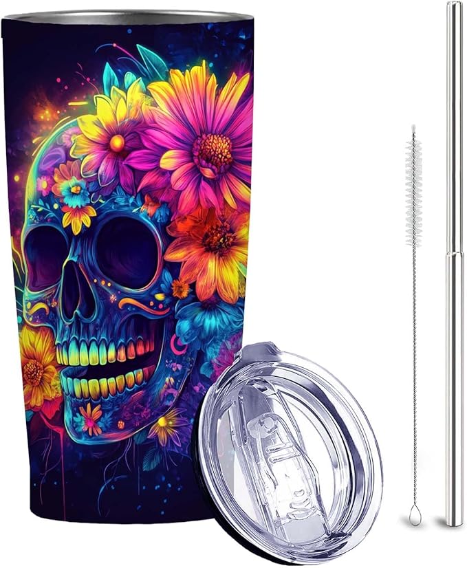 Sugar Skull 20oz Tumbler | Vacuum-Insulated Stainless Steel Travel Cup | Halloween Mug with Leak Proof Lid and Straw | Hot & Cold Coffee Cup | Day of the Dead Gifts for Men and Women - sugar skull tumbler with straw