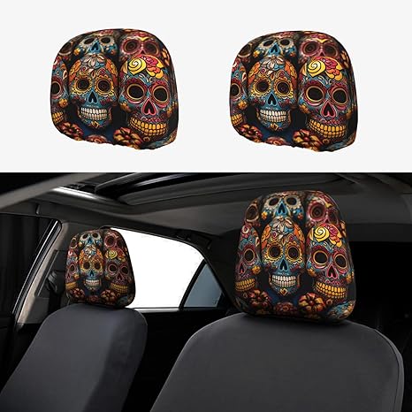 Car Headrest Covers 1 PCS Soft Breathable Car Head Rest Cover Protector Colorful Sugar Skulls Headrest Covers Personalized Cars Seat Head Rest Cover for SUV Sedan Trucks Cars Accessories - sugar skull car seat covers set