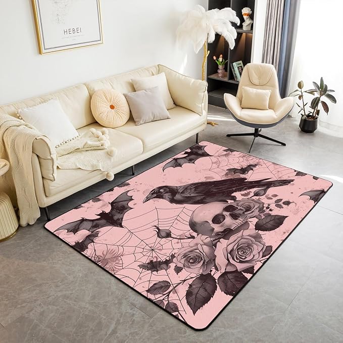 Erosebridal Crow Area Rug 4'11" x 3'3" Spider Web Living Room Rugs for Cobwebs Sugar Skull Skeleton Bats Rose Floral Flowers Pink Decorative Carpet Halloween Women Non Slip Indoor Floor Mat - sugar skull area rug