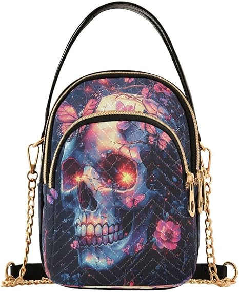 Sugar Skull Butterfly Blossom Black Crossbody Bag Small Shoulder Handbags Leather Purse for Women - sugar skull handbags for sale