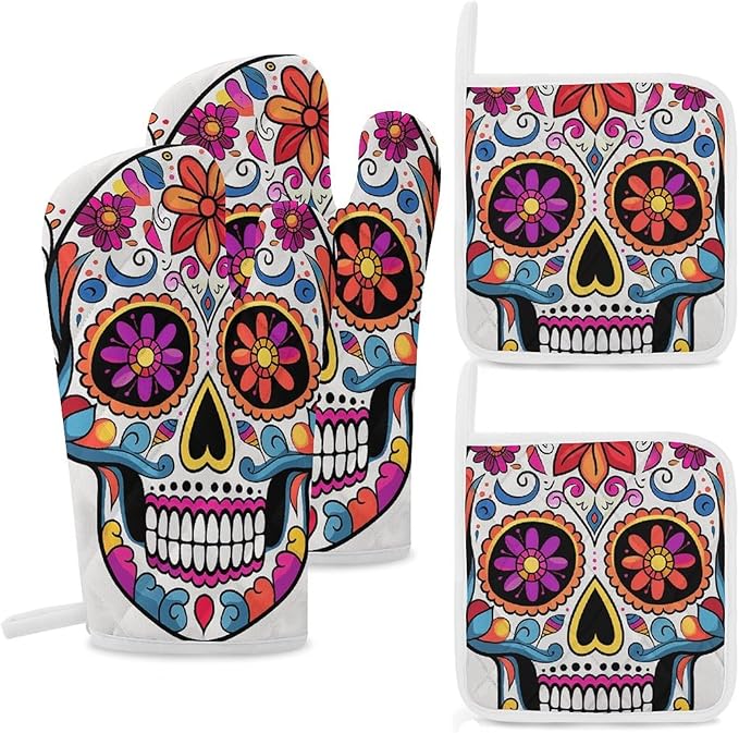 Sugar Skull Oven Mitts and Pot Holders Sets Heat Resistant Kitchen Oven Gloves for Cooking Baking Grilling BBQ Heat Resistant Potholders - sugar skull oven mitts