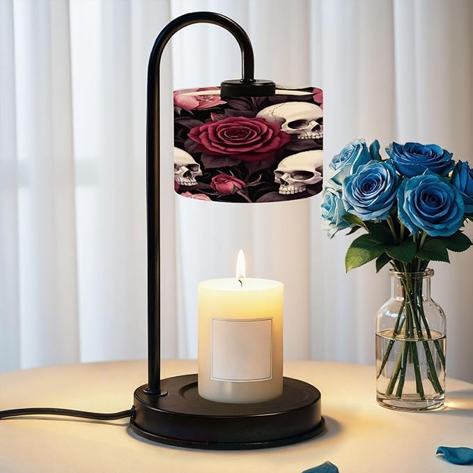 Candle Warmer Lamp with Timer Black Floral Gothic Leaf Vintage Sugar Skull Motif Red Roses Pink Buds Dimmable Wax Warmer with 4 Bulbs for Jar Candles Women Birthday Gifts House Warming New Home Decor - sugar skull table lamp