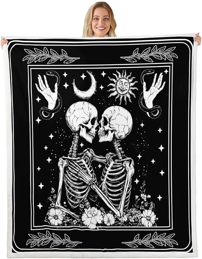 Erosebridal Skeleton Fleece Blanket Queen 90"x90" Stars Warm Plush Sherpa Blanket Hands Sugar Skull Flowers Snakes Fuzzy Plush Throw Crack Starry Sky Sun Moon Room Decor - sugar skull throw blanket