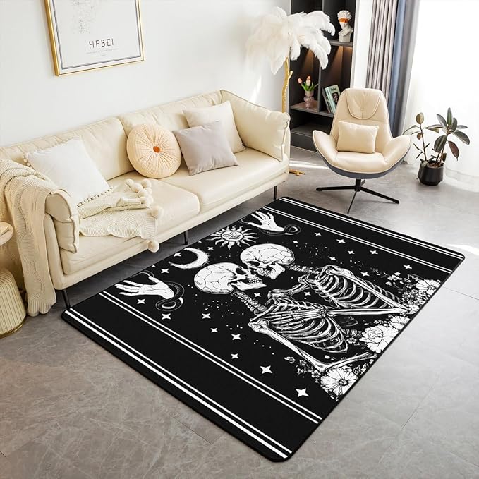 Erosebridal Skeleton Area Rug 4'11" x 3'3" Stars Living Room Rugs Hands Sugar Skull Flowers Snakes Decorative Carpet Crack Starry Sky Sun Moon Indoor Floor Mat - sugar skull area rug